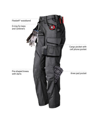 Feature view of Women's Ripstop Cargo Work Pants e.s.e:pic in black, showing cargo pocket details