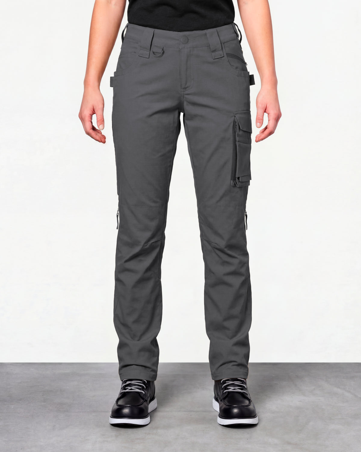 Women's Ripstop Cargo Work Pants e.s.e:pic in carbon gray worn by a model, front view