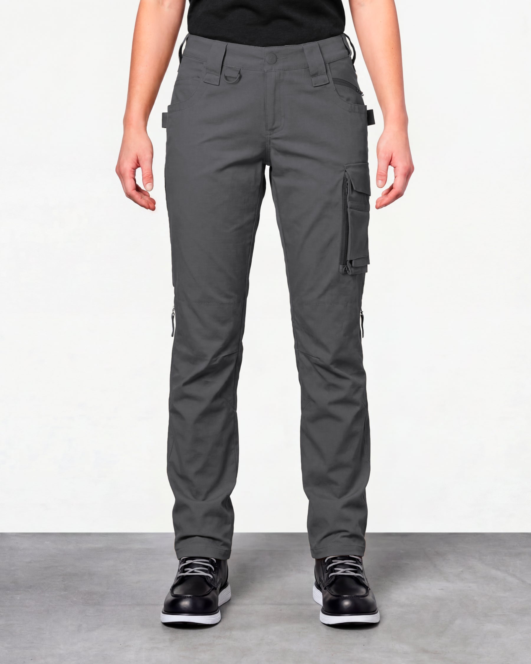 Women's Ripstop Cargo Work Pants e.s.e:pic in carbon gray worn by a model, front view