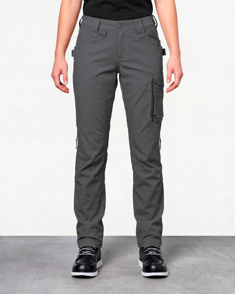 Women's Ripstop Cargo Work Pants e.s.e:pic in carbon gray worn by a model, front view
