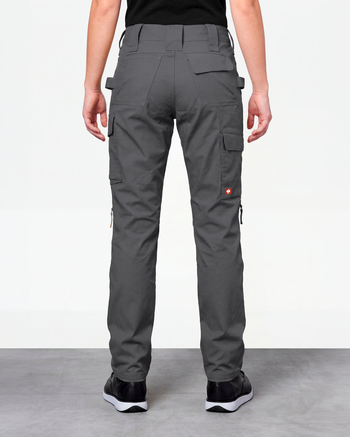 Women's Ripstop Cargo Work Pants e.s.e:pic in carbon gray worn by a model, rear view