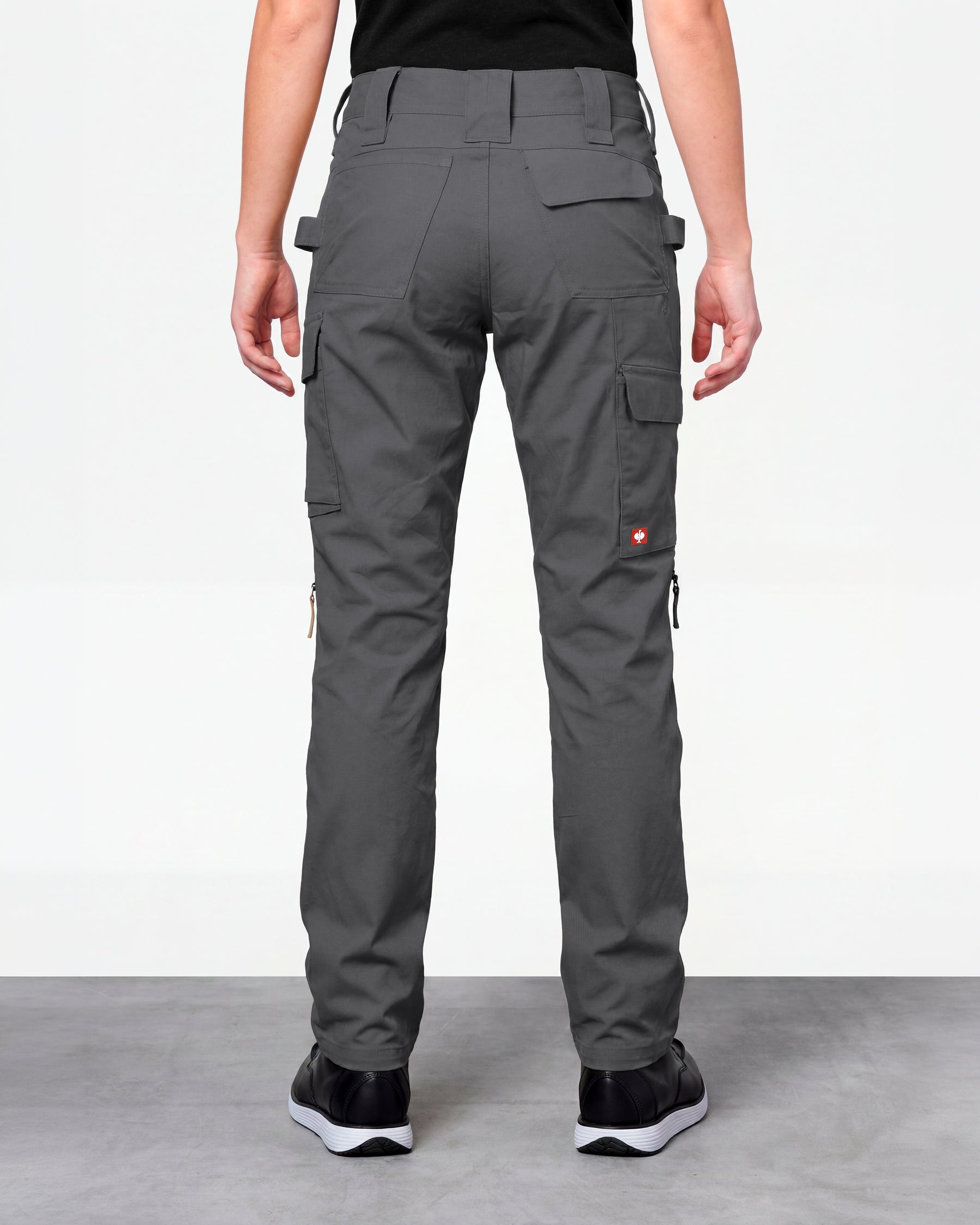 Women's Ripstop Cargo Work Pants e.s.e:pic in carbon gray worn by a model, rear view