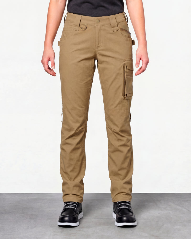 Women's Ripstop Cargo Work Pants e.s.e:pic in almond brown worn by a model, front view