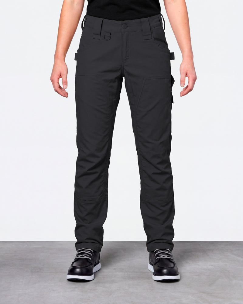 Women's Double Front Ripstop Cargo Work Pants e.s.e:pic in black worn by a model, front view