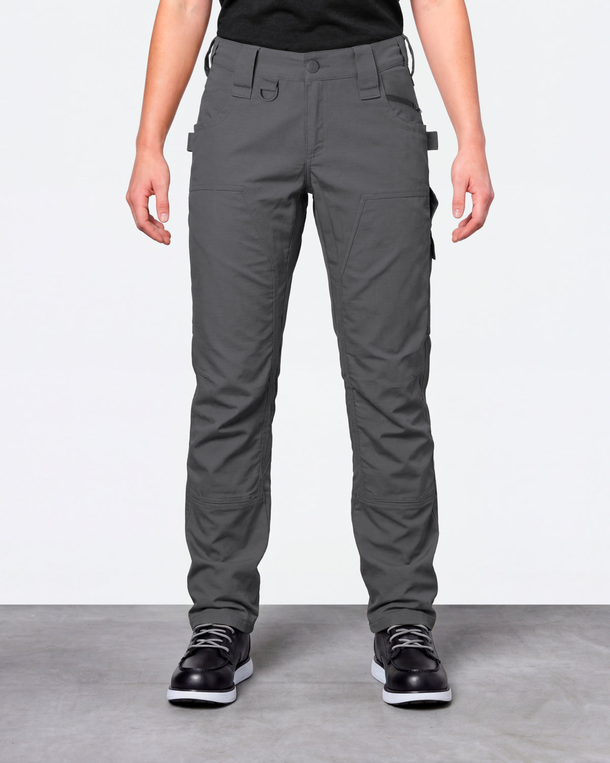 Women's Double Front Ripstop Cargo Work Pants e.s.e:pic in carbon gray worn by a model, front view