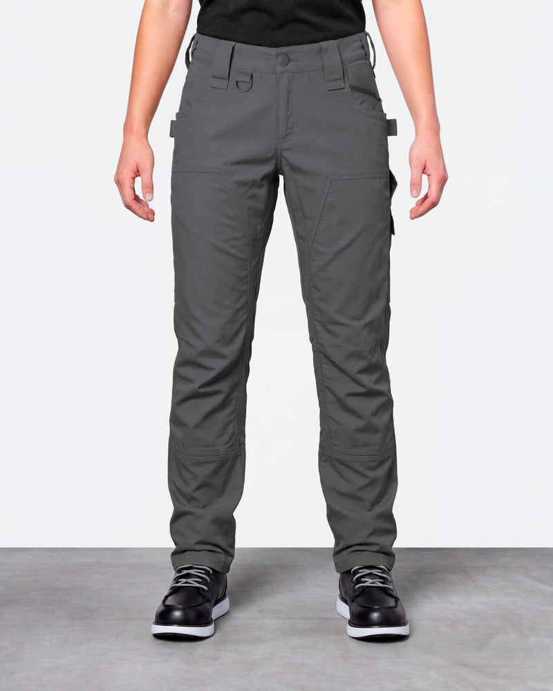 Women's Double Front Ripstop Cargo Work Pants e.s.e:pic in carbon gray worn by a model, front view