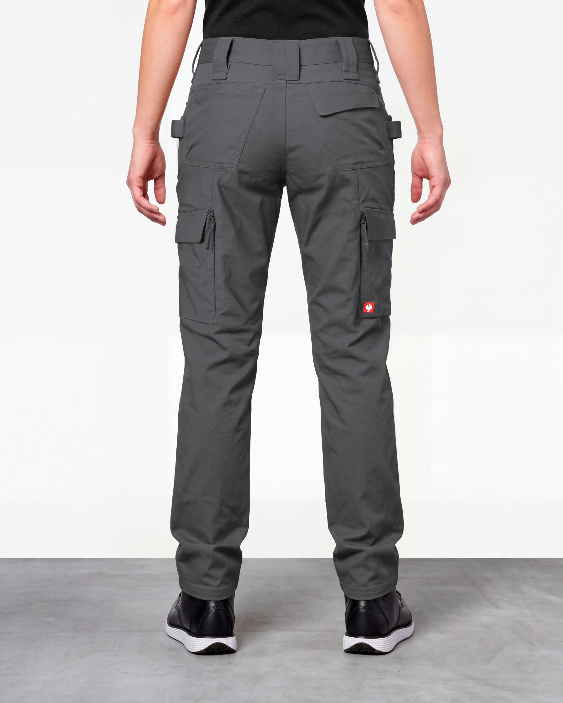 Women's Double Front Ripstop Cargo Work Pants e.s.e:pic in carbon gray worn by a model, rear view