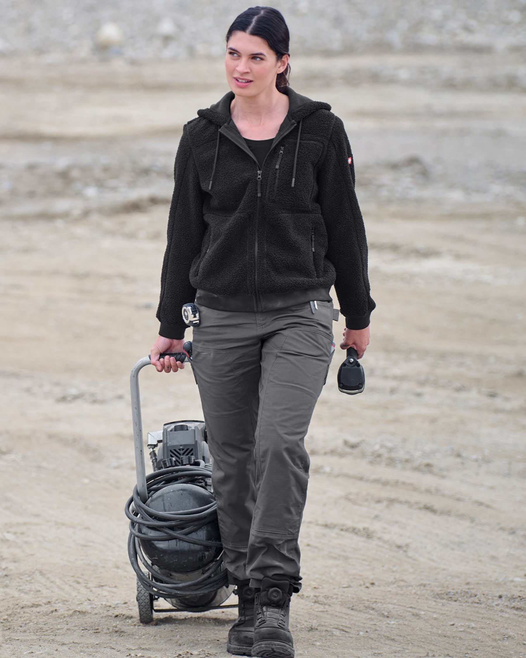 Women's Double Front Ripstop Cargo Work Pants e.s.e:pic in carbon gray in use, showing fit and movement