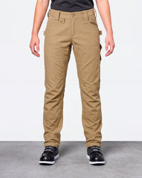 Women's Double Front Ripstop Cargo Work Pants e.s.e:pic in almond brown worn by a model, front view