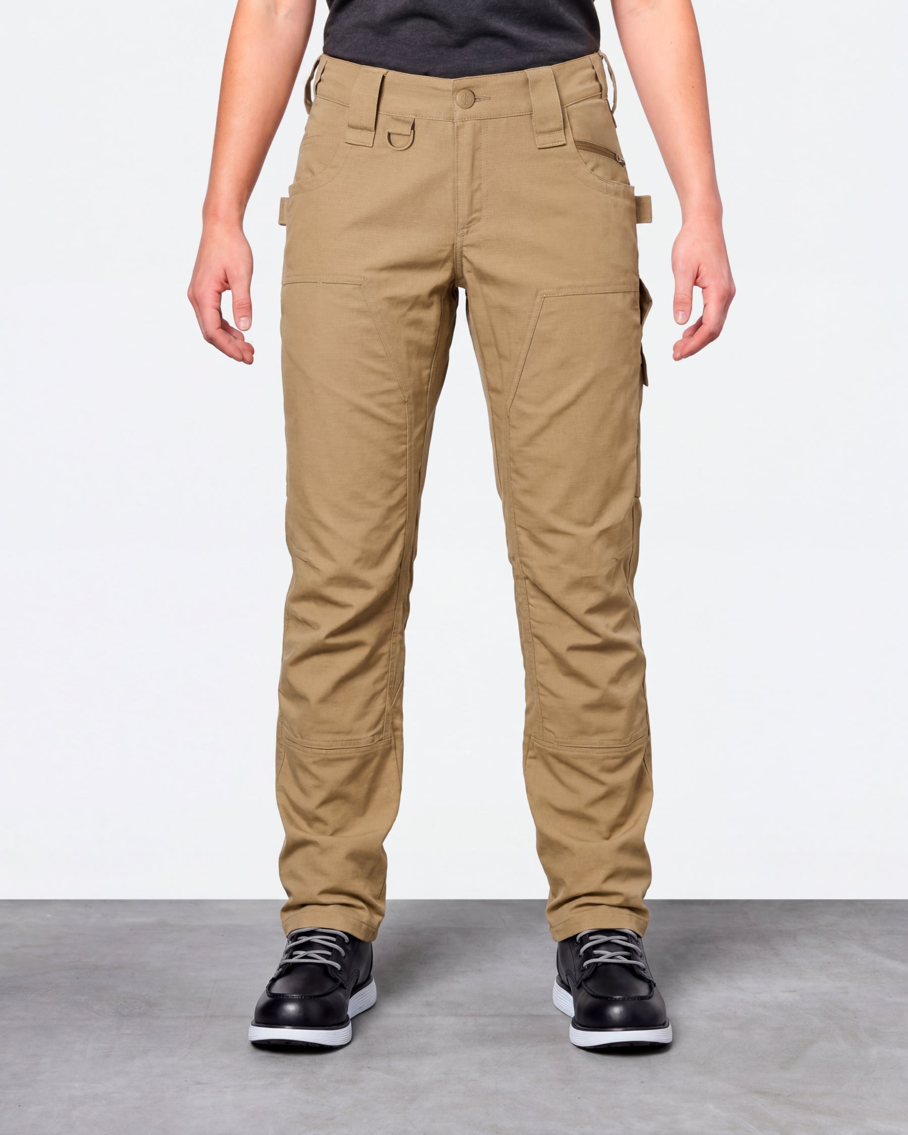Women's Double Front Ripstop Cargo Work Pants e.s.e:pic in almond brown worn by a model, front view