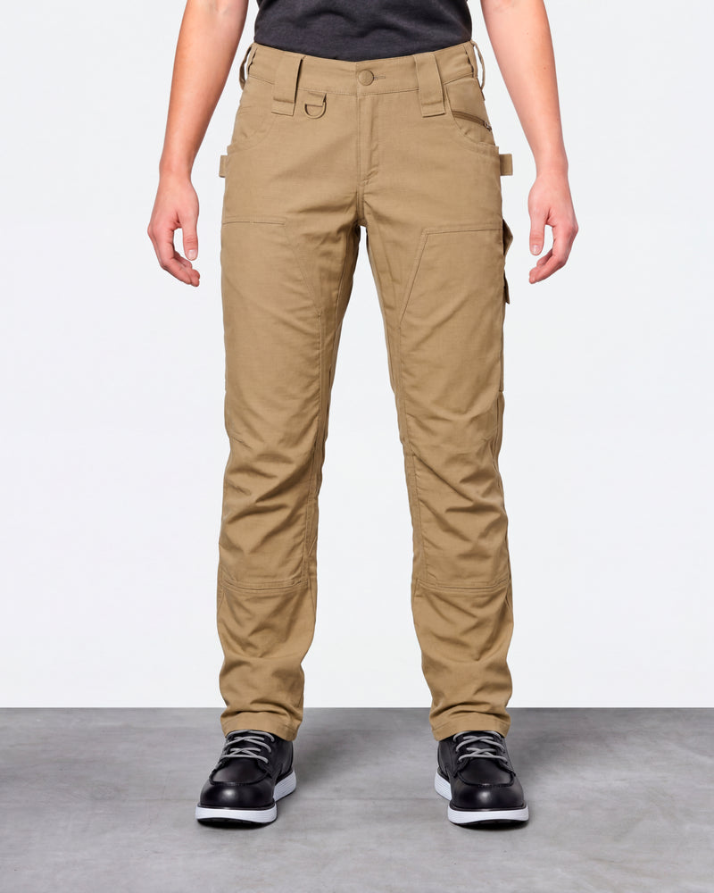 Women's Double Front Ripstop Cargo Work Pants e.s.e:pic in almond brown worn by a model, front view