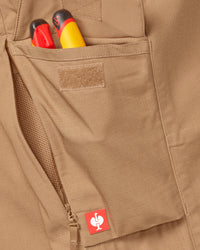Close-up of reinforced fabric and seams on Women's Double Front Ripstop Cargo Work Pants e.s.e:pic in almond brown