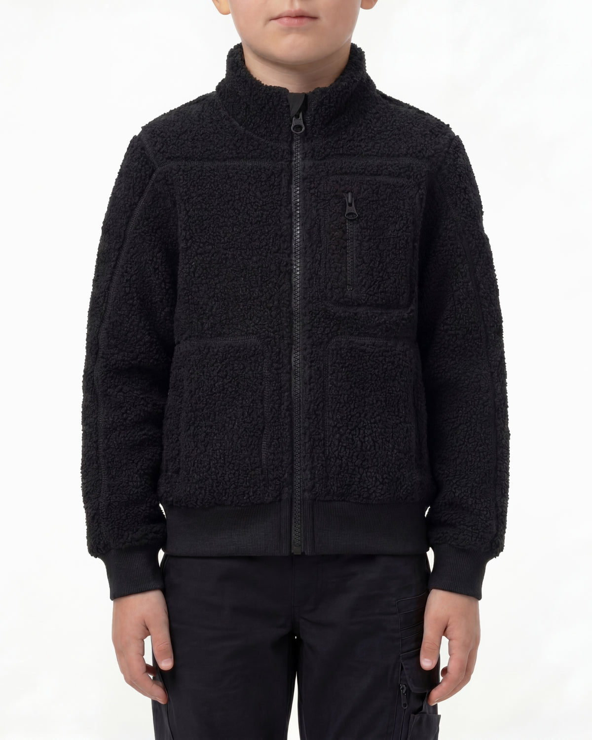 STRAUSS kids' e.s.e:pic sherpa fleece jacket in black worn, front view