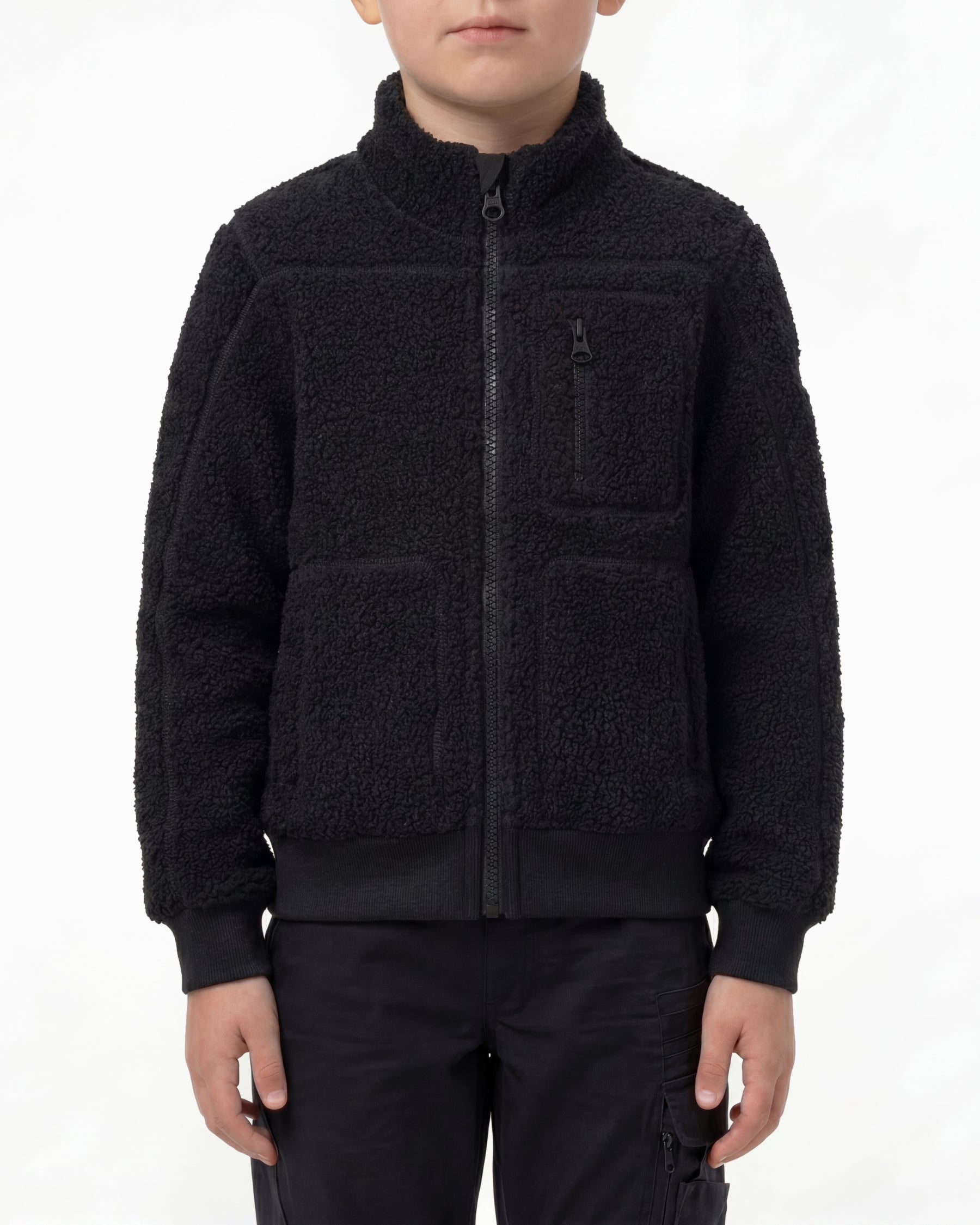 STRAUSS kids' e.s.e:pic sherpa fleece jacket in black worn, front view
