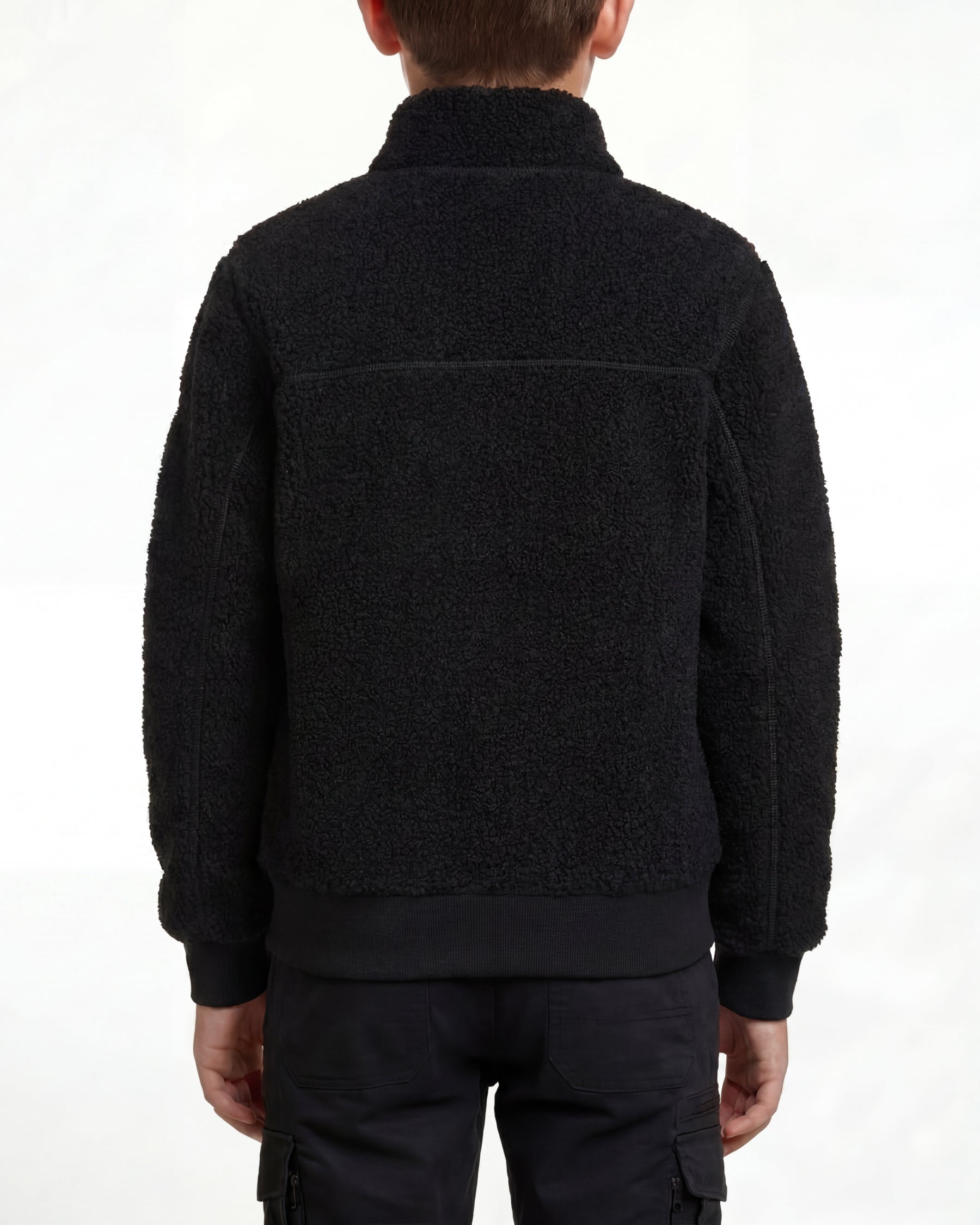 STRAUSS kids' e.s.e:pic sherpa fleece jacket in black worn, back view