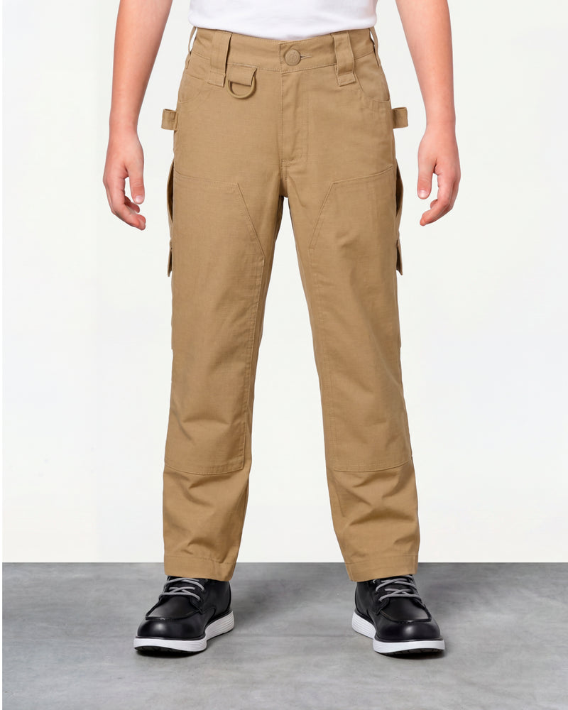 Kids' Double Front Ripstop Cargo Pants e.s.e:pic in almond brown worn by a model, front view