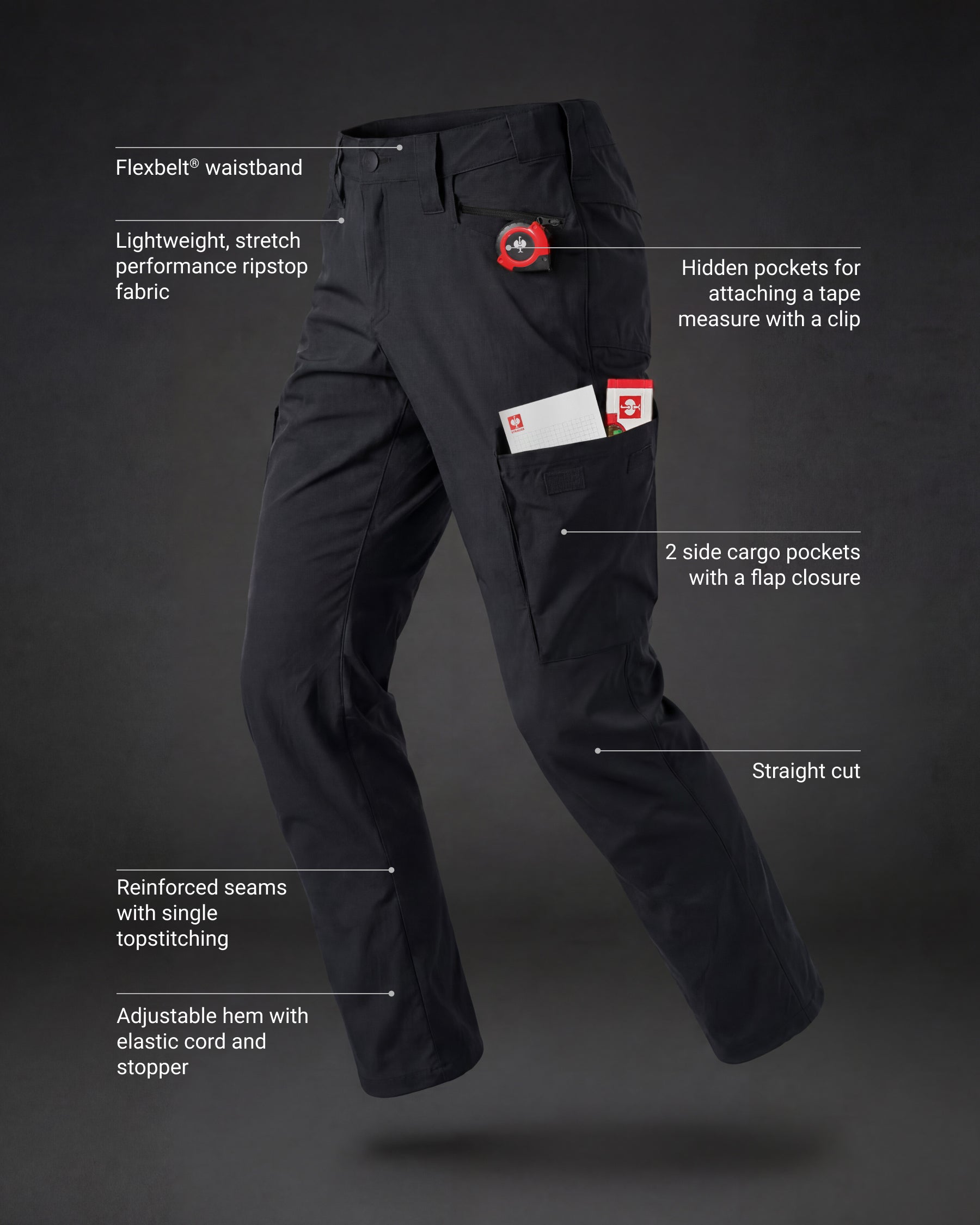 Feature view of Stretch Ripstop Cargo Work Pants e.s.taktik in black, showing cargo pocket details