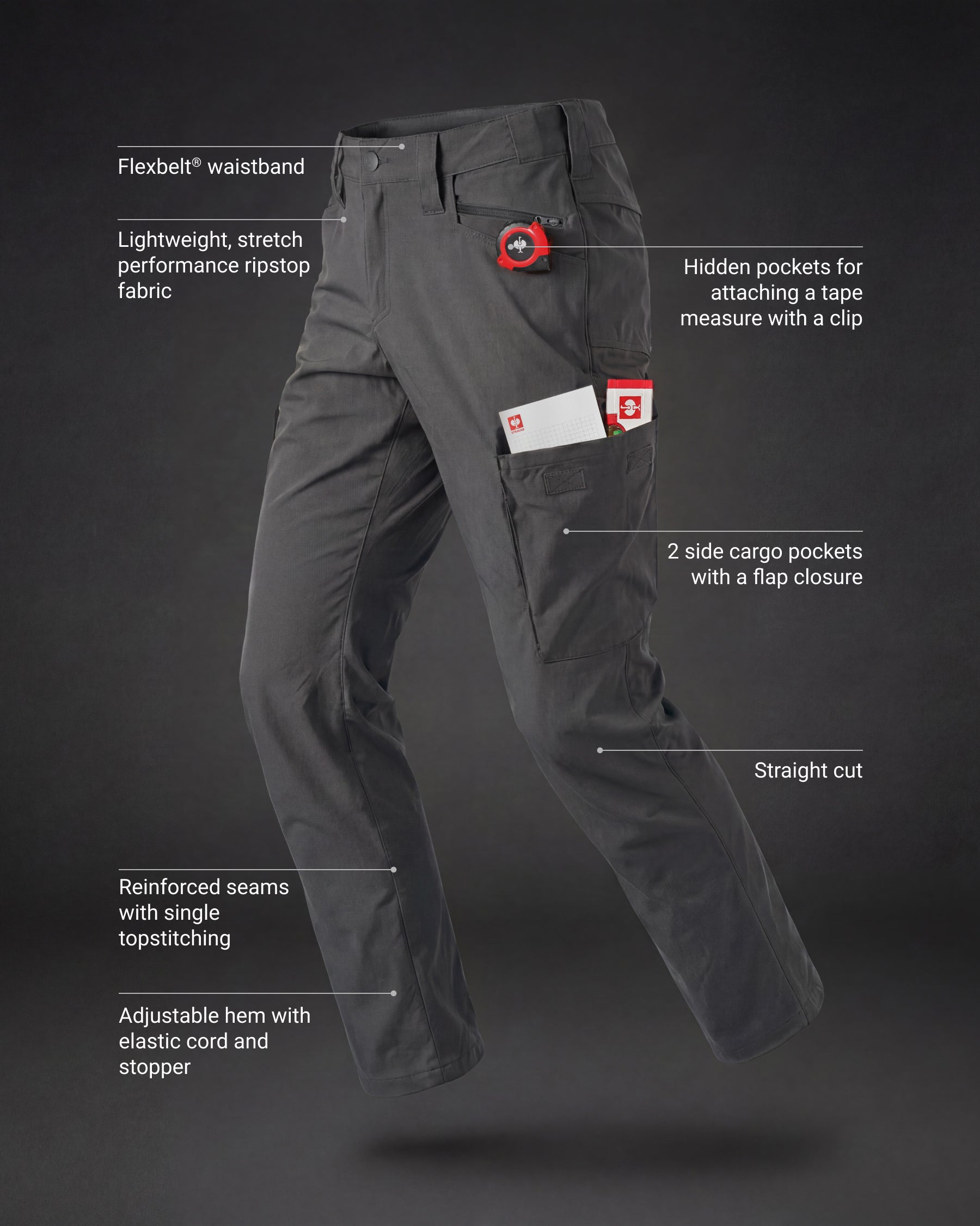 Feature view of Stretch Ripstop Cargo Work Pants e.s.taktik in carbon gray, showing cargo pocket details