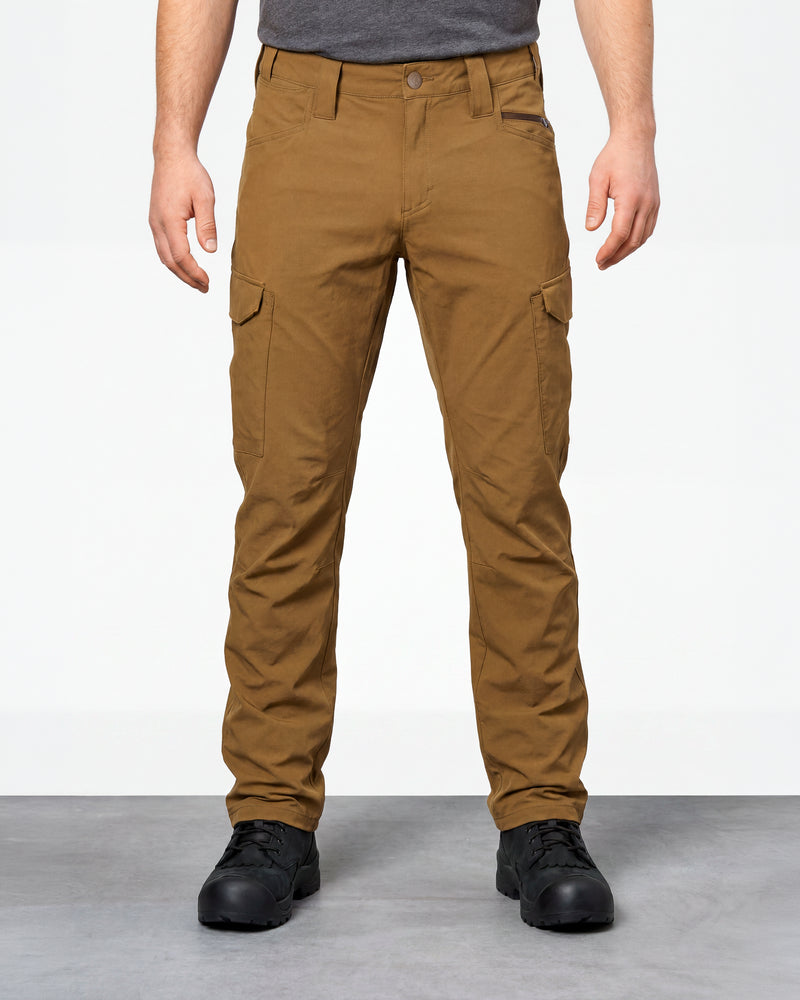 Stretch Ripstop Cargo Work Pants e.s.taktik in desert brown worn by a model, front view