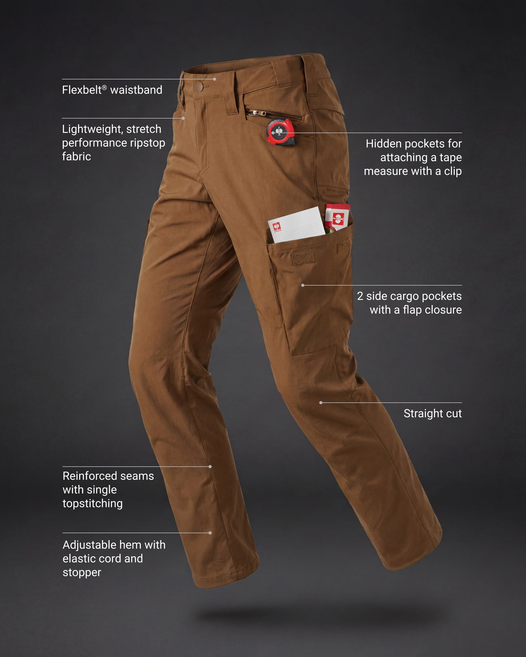 Feature view of Stretch Ripstop Cargo Work Pants e.s.taktik in desert brown, showing cargo pocket details