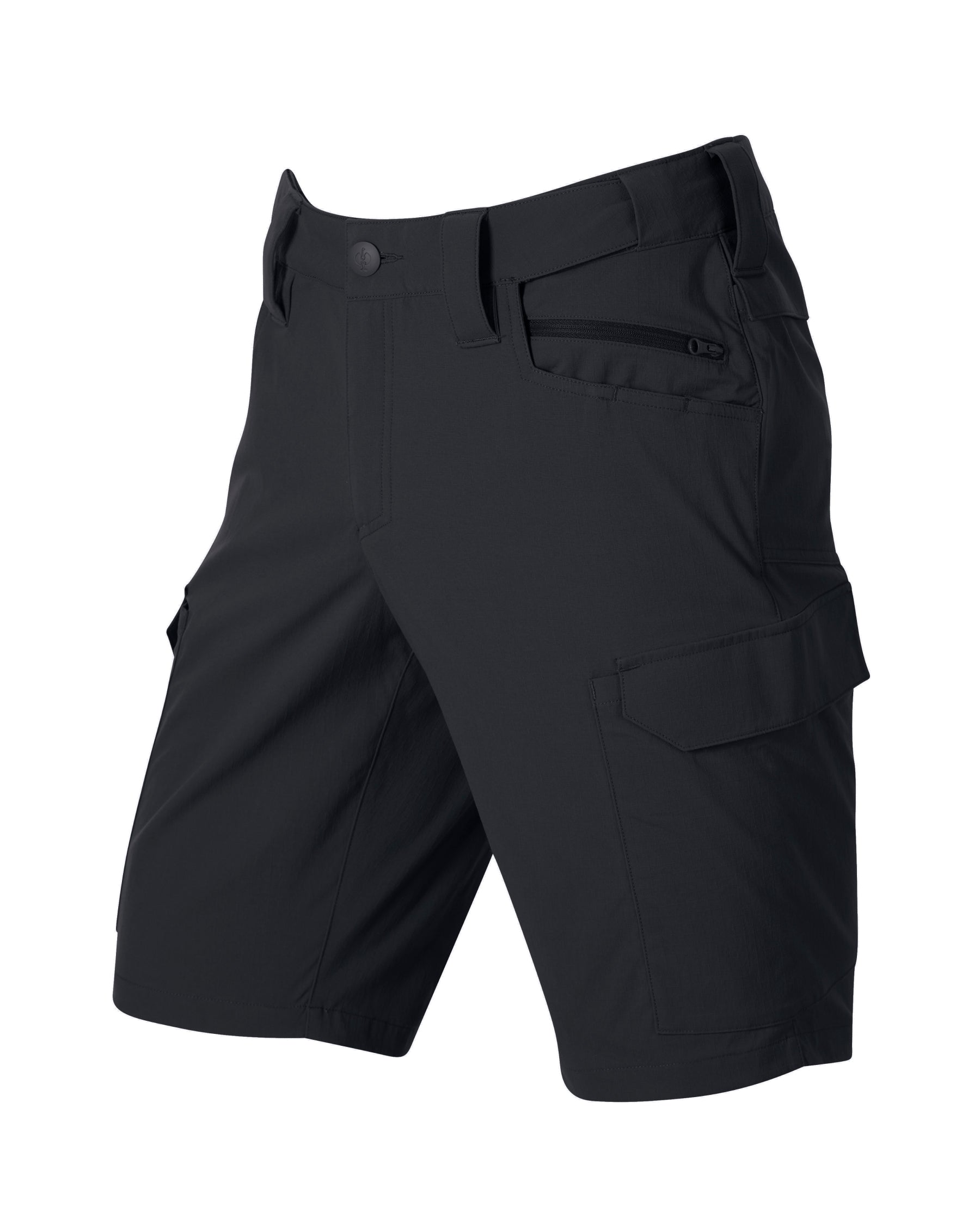 Engelbert Strauss e.s. taktik stretch ripstop cargo work shorts in black, shown as a clean front product image highlighting the above-knee workwear cut, waistband, and functional pocket placement.