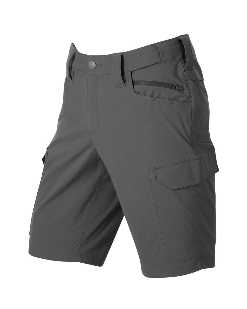 Engelbert Strauss e.s. taktik stretch ripstop cargo work shorts in carbon gray, shown as a clean front product image highlighting the above-knee workwear cut, waistband, and functional pocket placement.