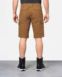 Alternate model view of Engelbert Strauss e.s. taktik stretch ripstop cargo work shorts in desert brown, showing the side and back fit with visible utility pocket placement and workwear construction.