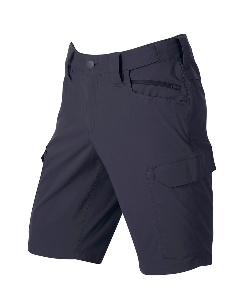 Engelbert Strauss e.s. taktik stretch ripstop cargo work shorts in nero blue, shown as a clean front product image highlighting the above-knee workwear cut, waistband, and functional pocket placement.
