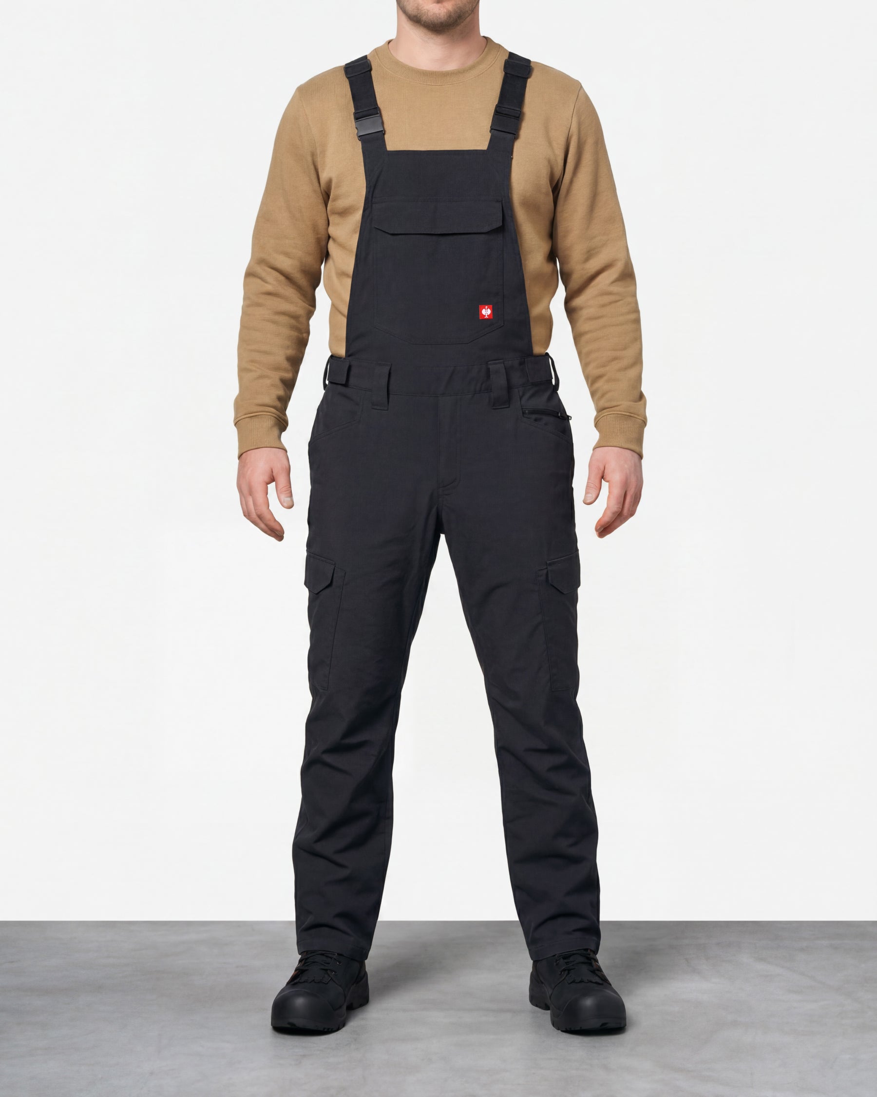 black STRAUSS Stretch Ripstop Cargo Work Bib Overall e.s.taktik worn by a model, front view