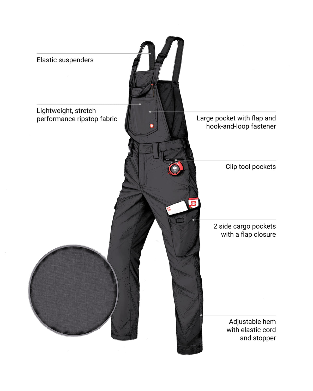 Feature view of black STRAUSS Stretch Ripstop Cargo Work Bib Overall e.s.taktik with ripstop fabric and storage