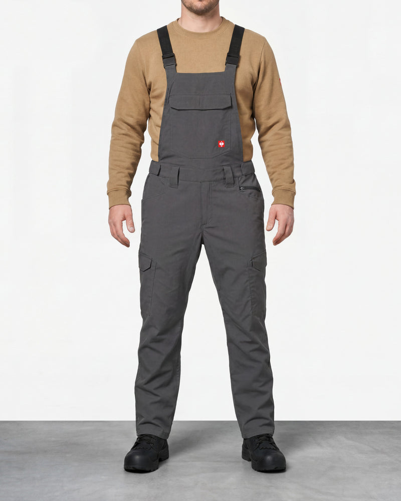 carbon gray STRAUSS Stretch Ripstop Cargo Work Bib Overall e.s.taktik worn by a model, front view
