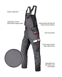 Feature view of carbon gray STRAUSS Stretch Ripstop Cargo Work Bib Overall e.s.taktik with ripstop fabric and storage