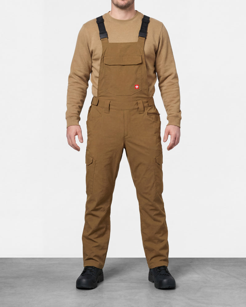 desert brown STRAUSS Stretch Ripstop Cargo Work Bib Overall e.s.taktik worn by a model, front view