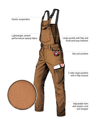 Feature view of desert brown STRAUSS Stretch Ripstop Cargo Work Bib Overall e.s.taktik with ripstop fabric and storage