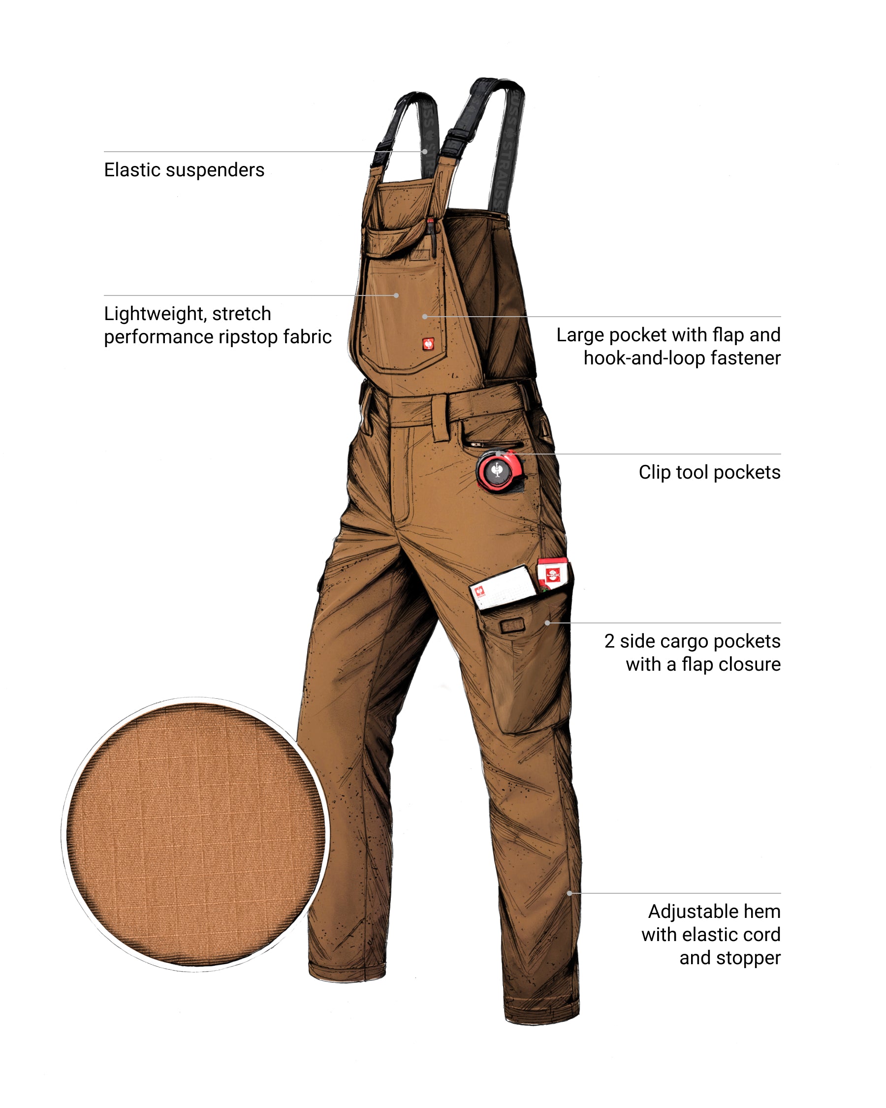 Feature view of desert brown STRAUSS Stretch Ripstop Cargo Work Bib Overall e.s.taktik with ripstop fabric and storage