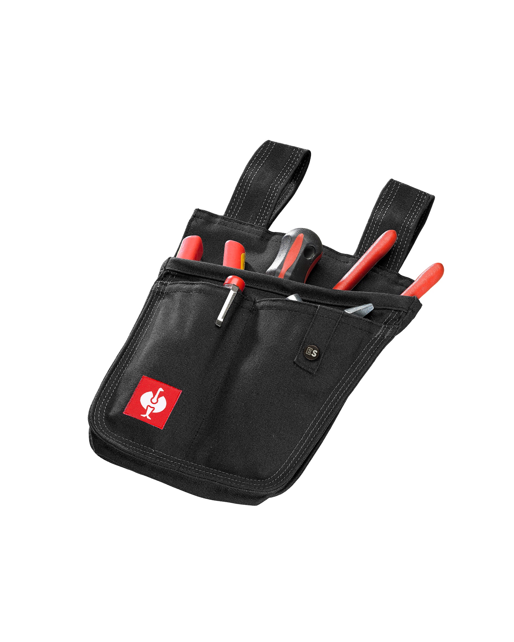 A worker wears a black STRAUSS tool bag on a tool belt with utility work pants.