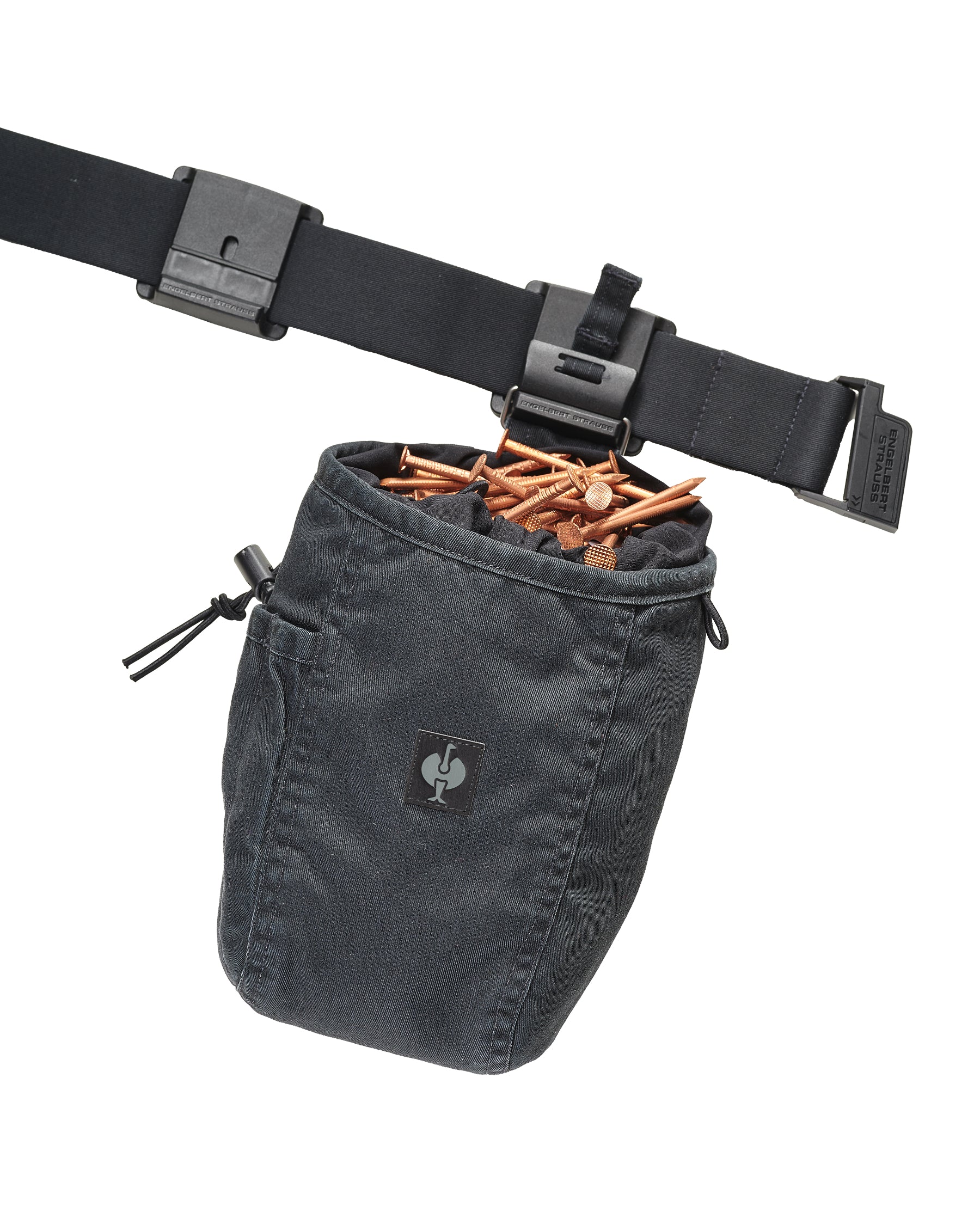 Close-up of pocket openings and reinforced stitching on the oxid black STRAUSS e.s.motion ten nail bag.