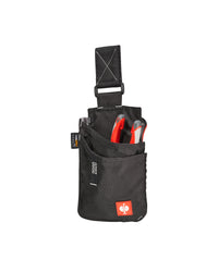 A worker wears a black and platinum STRAUSS e.s.motion 2020 small tool bag on a tool belt with utility work pants.