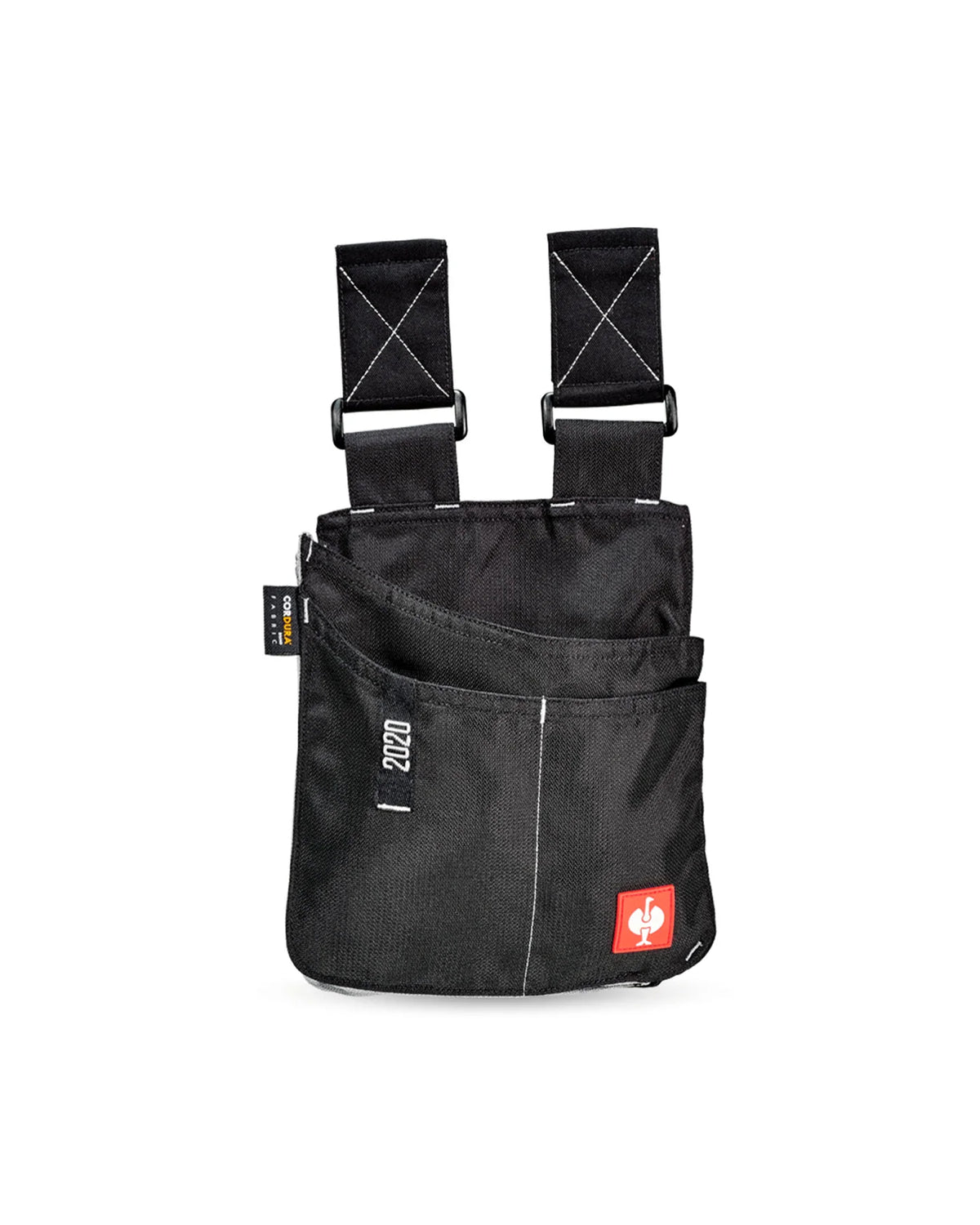Black and platinum STRAUSS e.s.motion 2020 medium tool bag with modular pockets and belt attachment points.