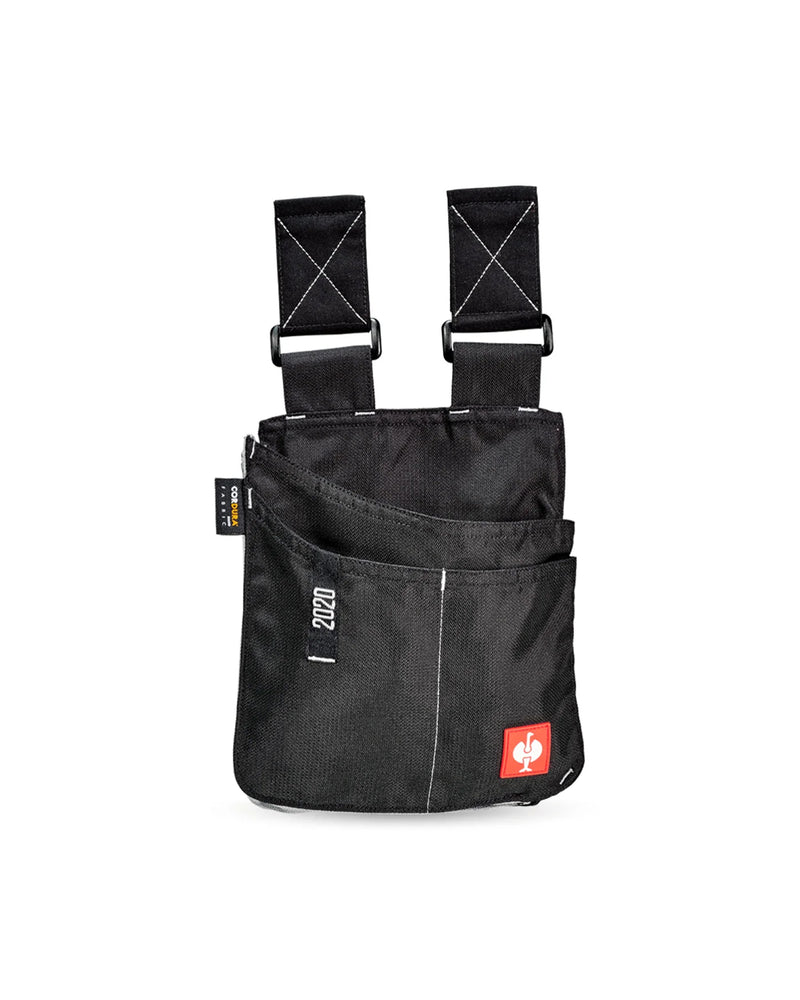Black and platinum STRAUSS e.s.motion 2020 medium tool bag with modular pockets and belt attachment points.