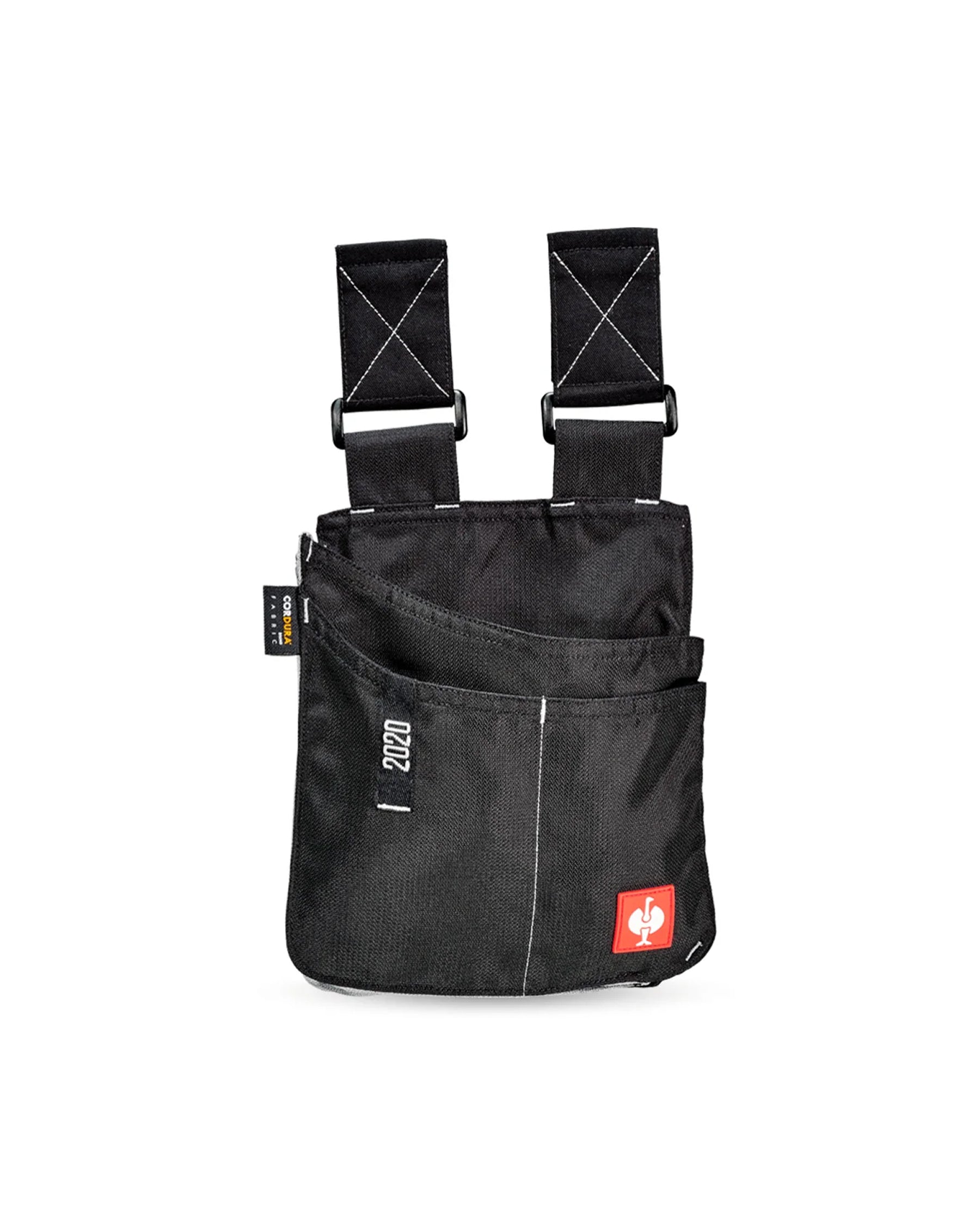 Black and platinum STRAUSS e.s.motion 2020 medium tool bag with modular pockets and belt attachment points.