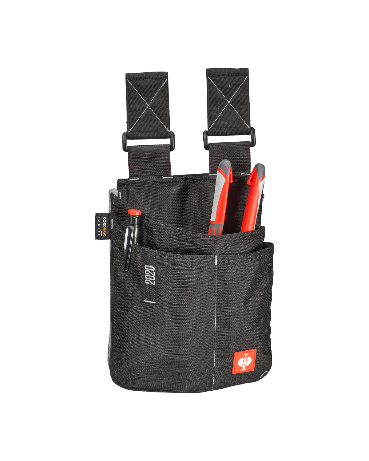A worker wears a black and platinum STRAUSS e.s.motion 2020 large tool bag on a tool belt with utility work pants.