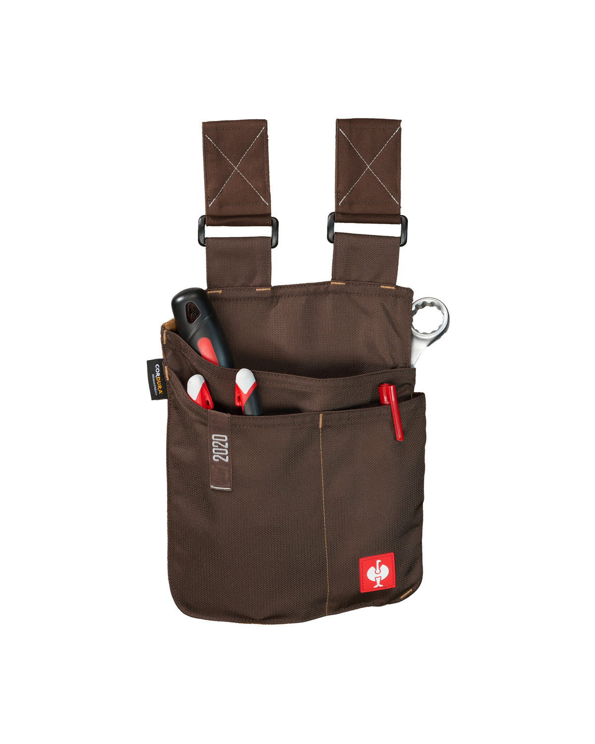 Large chestnut STRAUSS e.s.motion 2020 tool bag holding pliers, a screwdriver, and a wrench.
