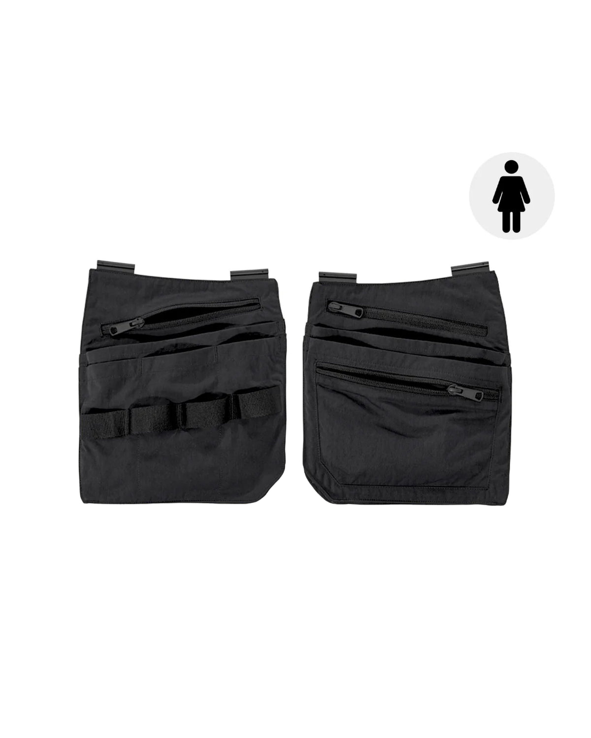 Black STRAUSS women's e.s.concrete light tool bags with modular pockets and belt attachment points.