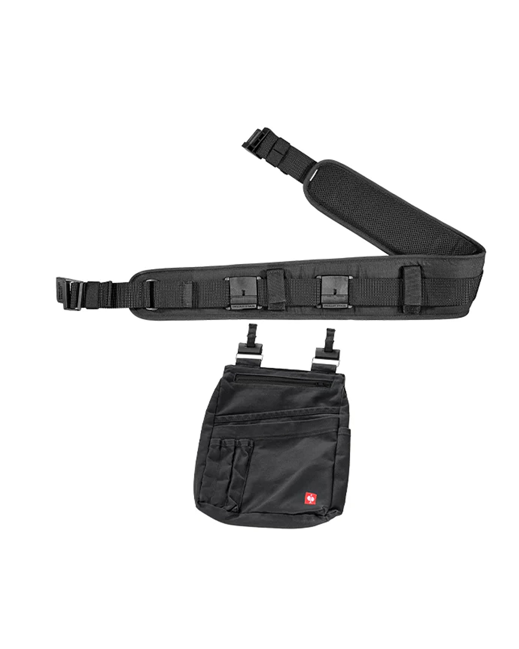 Close-up of pockets, loops, clips, and reinforced stitching on the black STRAUSS e.s.iconic tool bag.