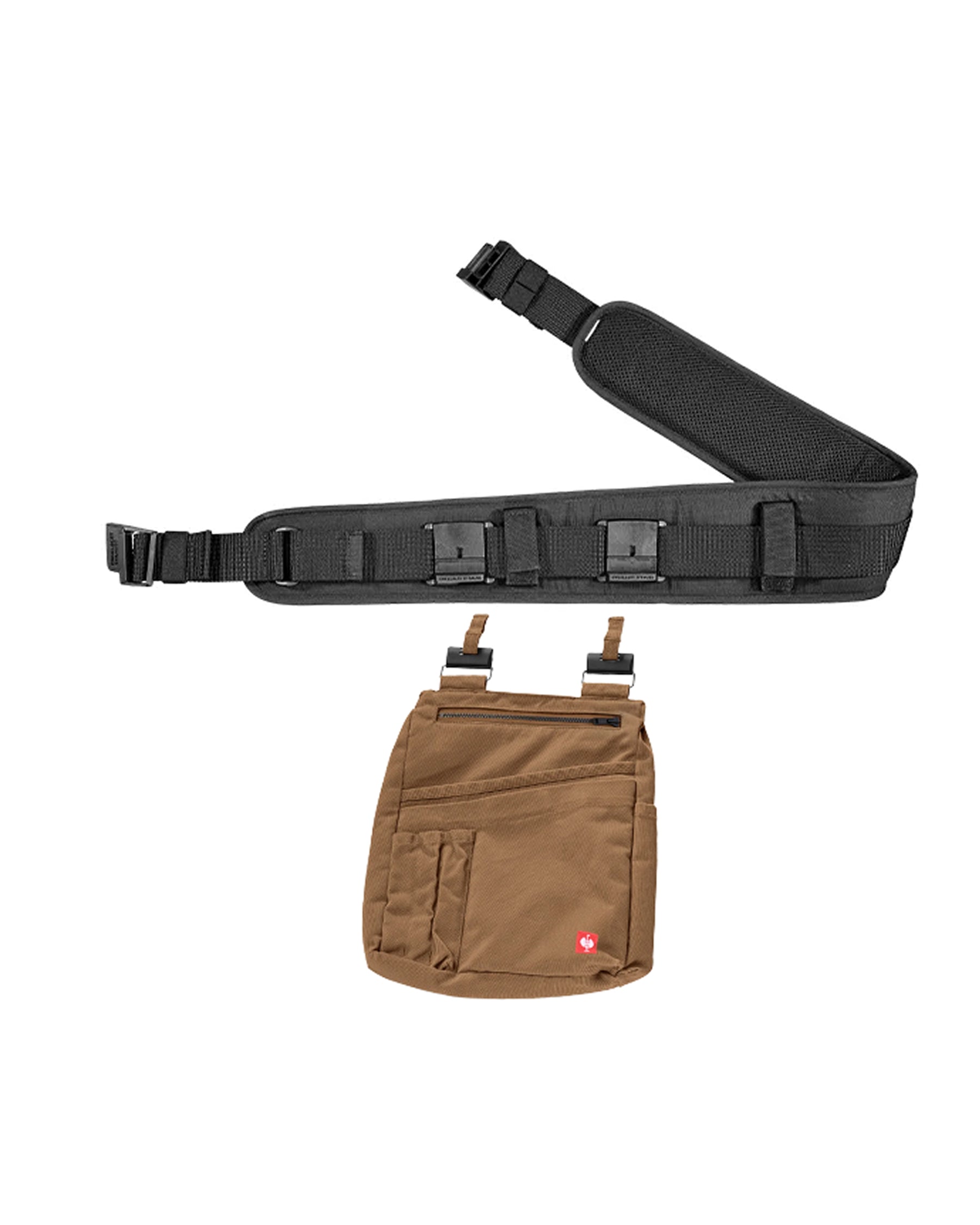 Close-up of pockets, loops, clips, and reinforced stitching on the almond brown STRAUSS e.s.iconic tool bag.