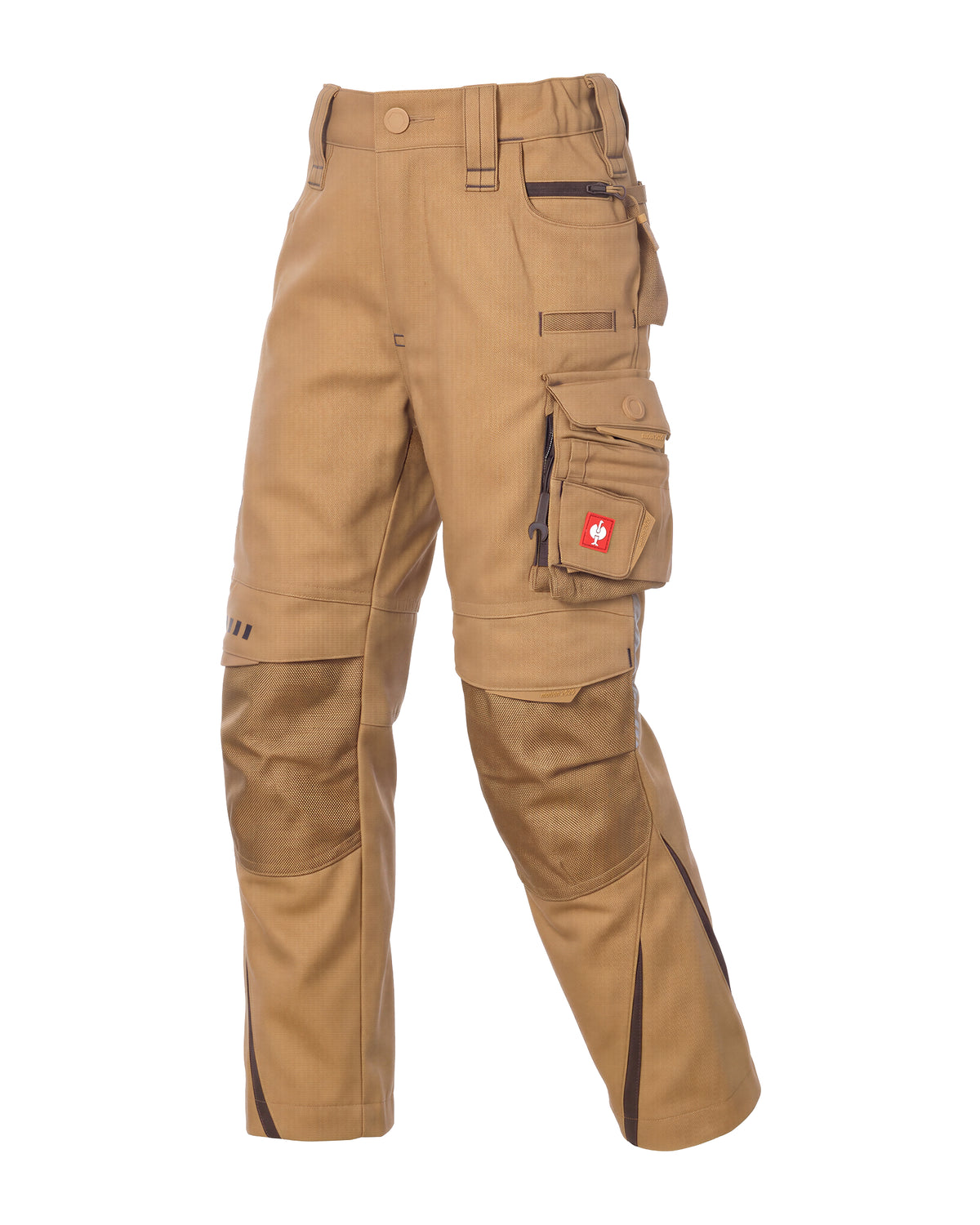 A pair of tan work pants with dark brown contrast stitching, multiple utility pockets, and reinforced knee panels, shown against a plain white background.
