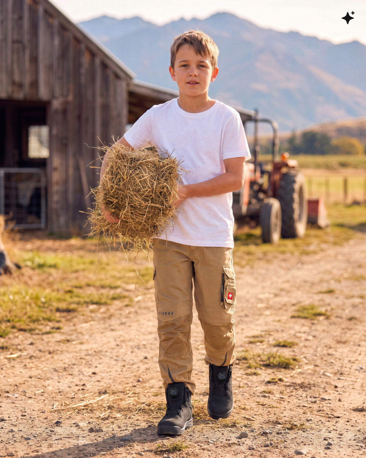A young boy stands on a dirt path at a farm holding a round bale of hay. He is wearing a white t-shirt, tan cargo pants, and black boots, with a wooden barn, tractor, and mountains in the background.