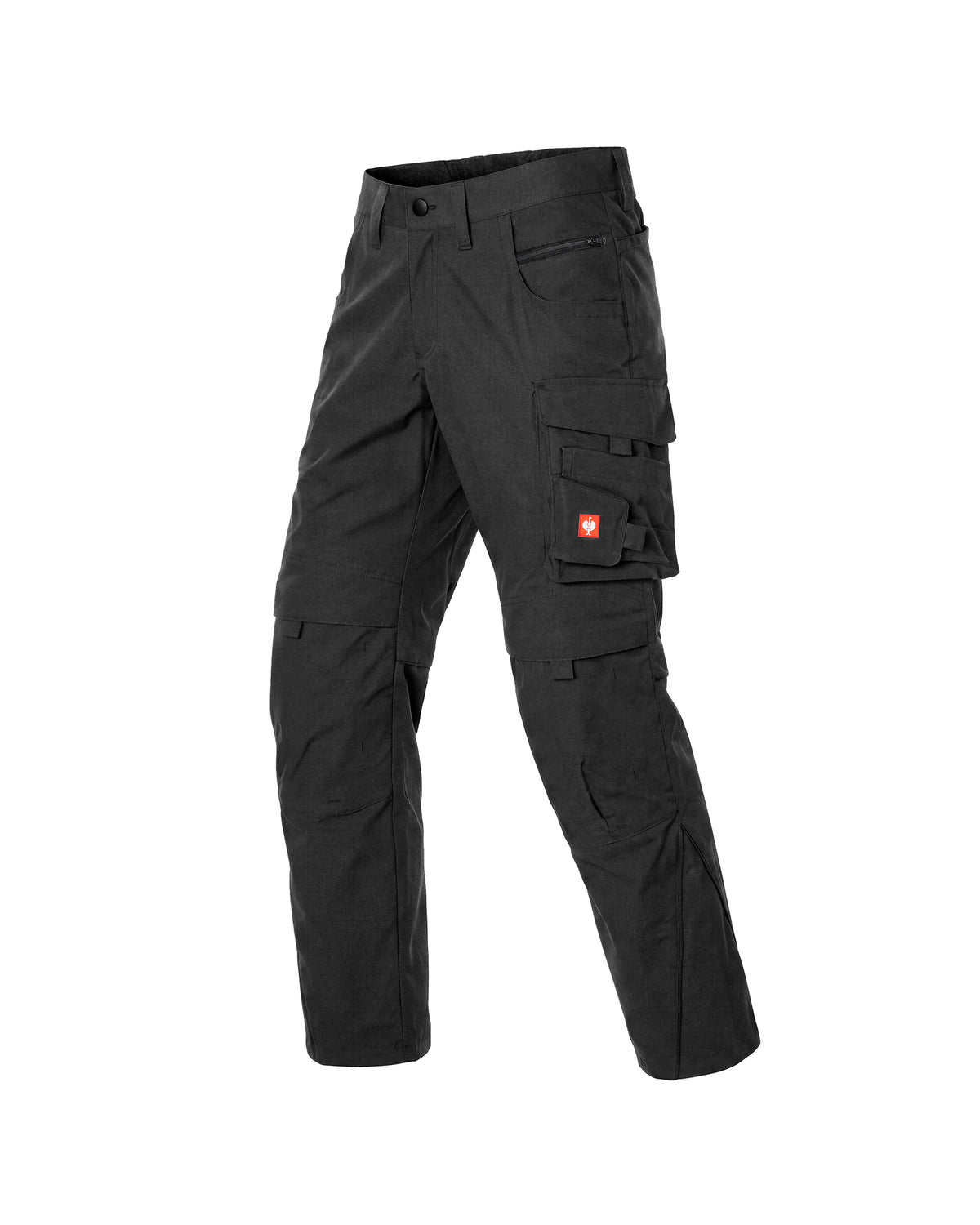 Black cargo pants with multiple utility pockets and a small red square logo patch on the side, shown on a plain white background.