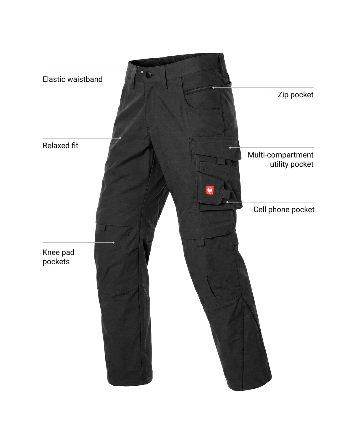 Black cargo pants with multiple labeled pockets and features, shown on a white background with callout text indicating elastic waistband, zip pocket, relaxed fit, multi-compartment utility pocket, cell phone pocket, and knee pad pockets.